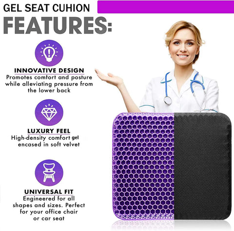 Image of Ultra Comfy Gel Seat Cushion With Double Thick Egg Design And Non Slip Cover For Office Chairs Cars Wheelchairs And Travel Reduces Pressure And Relieves Sciatica And Back Pain While Keeping Its Shape, shown in purple with features listed.