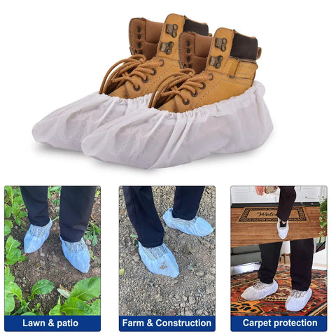 Disposable Shoe Covers Pack Of 200 100 Pairs Built Tough Waterproof Non Slip Boot Covers One Size Fits Most For Rain Cleaning Indoor Floor Protection White with boots and usage examples