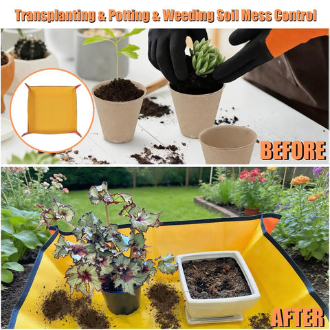 All In One 5 Pack Weed Puller Tool Set shown with waterproof repotting mat used for gardening and potting plants before and after