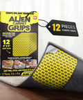 Box of Alien Carpet Grips with Rug Gripper Tape for Area Rugs, 12 Pack 4x4 Inch Double Sided Non Slip Carpet Tape, box and application