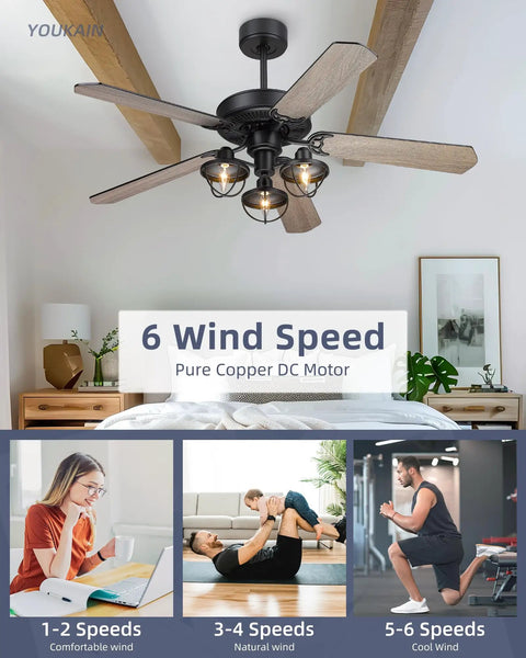 52 Inch Farmhouse Ceiling Fan With Remote Control And 3 Lights, industrial vibe with barnwood and matte black blades in a bedroom.