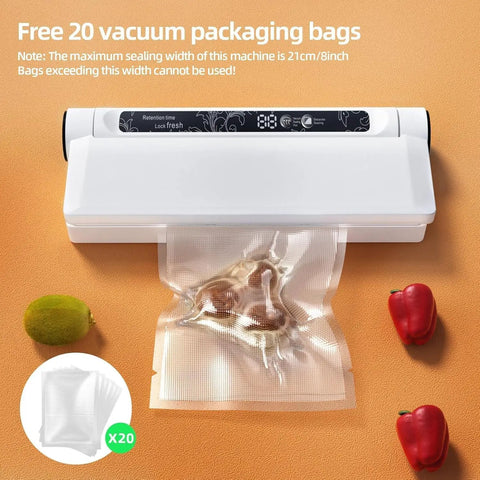 Powerful 75KPa Vacuum Sealer For Dry And Wet Foods in use with sealed food, includes 20 vacuum bags, digital countdown timer shown