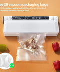 Powerful 75KPa Vacuum Sealer With LED Timer, Dry And Moist Modes, shown sealing food with included bags