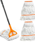 Heavy Duty Commercial Floor Mop With 55 Inch Handle and Three Interchangeable Heads Ultra Absorbent Cotton Loop shown with two heads