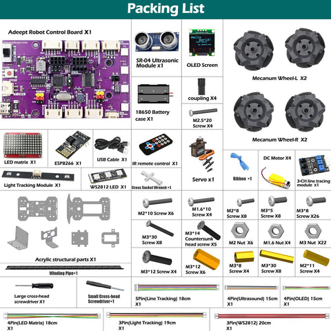 Adeept Mecanum Wheel Smart Car Kit packing list: 4 Mecanum wheels, LED matrix, OLED display, servo, remote, cables.