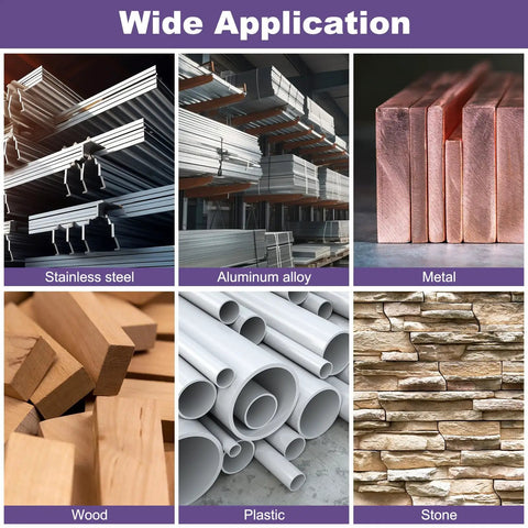 Collage of materials including stainless steel, aluminum alloy, metal, wood, plastic, and stone for wide applications