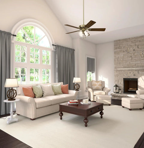 Living room with 52 Inch Indoor Ceiling Fan With LED Lights In Antique Brass Quiet Operation, five blades, pull chain, standard mount