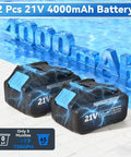 Two 21V 4000mAh batteries beside text for Cordless Water Transfer Pump 750 GPH With 30 Foot Lift Powerful Submersible Pump.