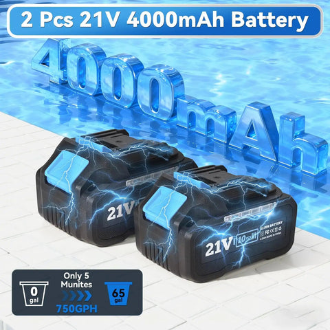 Two 21V 4000mAh batteries beside text for Cordless Water Transfer Pump 750 GPH With 30 Foot Lift Powerful Submersible Pump.
