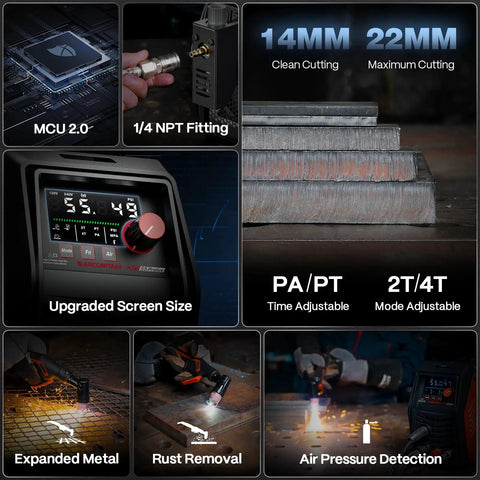 Display and features of IControl CUT55 Prolux Plasma Cutter With APP Control 55 Amp Non Touch Pilot Arc 120V 240V Dual Power