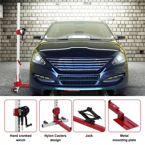 3 In 1 Automotive Sheet Metal Repair Tool With Adjustable Dent Pull Lever next to blue car in garage.