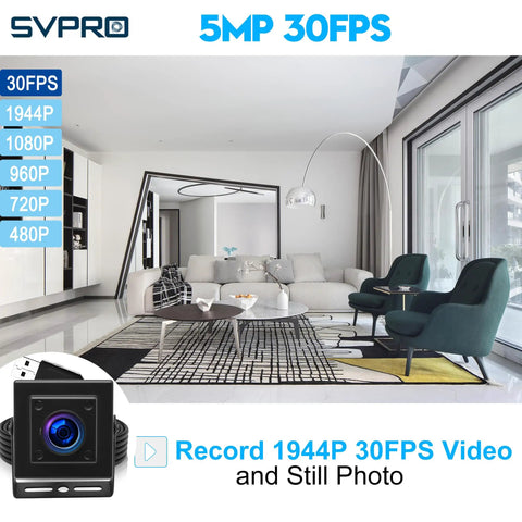 Living room with modern furniture and a compact 5MP 30FPS USB fisheye camera placed on a table, showing 1944P 30FPS recording capability.