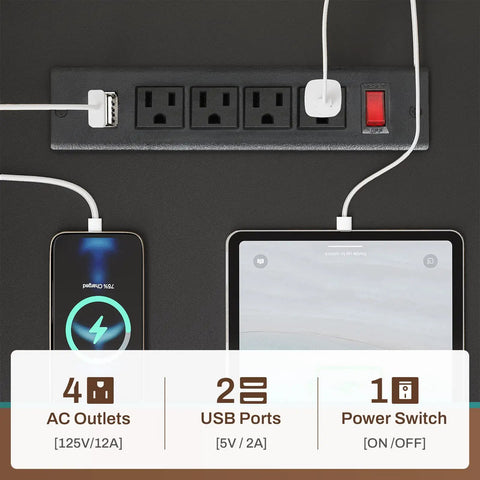 USB power outlet with 4 AC outlets and 2 USB ports on L Shaped Gaming Desk With Power Outlet LED Lights Pegboard Keyboard Tray