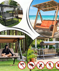 Outdoor Mosquito Netting For Swing And Patio Three-Person Large Net With Zipper and Waterproof Roof, installed on porch swings.