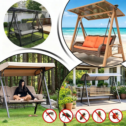 Outdoor Mosquito Netting For Swing And Patio Three-Person Large Net With Zipper and Waterproof Roof, installed on porch swings.
