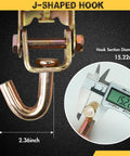 J-shaped hook from Four Pack 2 Inch By 96 Inch Tie Down Straps Kit With measurement detail of 2.36 inch length and 15.22 mm diameter.