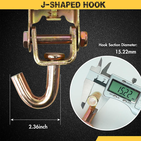 J-shaped hook from Four Pack 2 Inch By 96 Inch Tie Down Straps Kit With measurement detail of 2.36 inch length and 15.22 mm diameter.