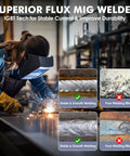 Person welding metal with 140 Amp 3 In 1 MIG Welder For Flux Core MIG Stick And Lift TIG 110V Portable Inverter Gasless Welder With Large LED Display Weld Stainless And Carbon Steel With 030 035 039 Flux Core Wire, showing smooth weld results.