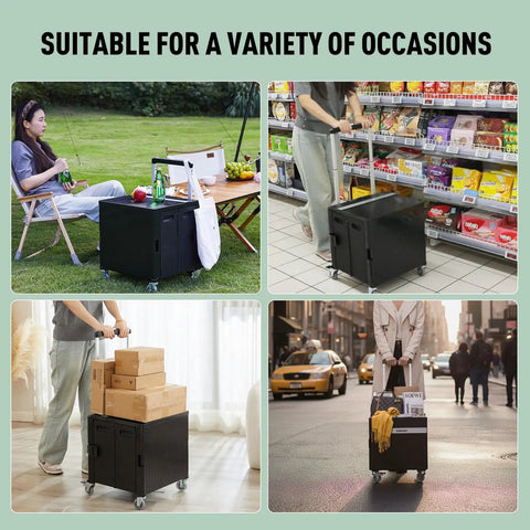 Foldable Rolling Utility Cart With Lid On Wheels Collapsible Handcart Trolley For Grocery Shopping Office Camp School And File Organization Durable Black With Brakes And Large Capacity in various settings.