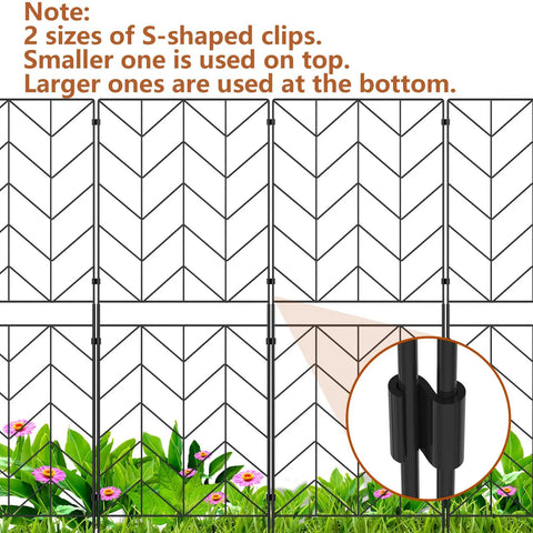 Close-up of Tall Decorative Garden Fence 10 Pack 38 Inch High Metal Border Panels with S-shaped clips for assembly.