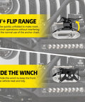 Flip Up Front License Plate Mount For 10 Inch Hawse Fairlead, showing 90+ flip range function on Jeep bumper.
