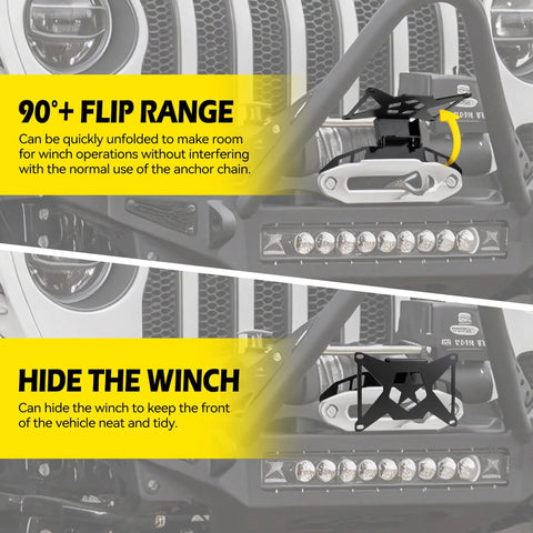Flip Up Front License Plate Mount For 10 Inch Hawse Fairlead, showing 90+ flip range function on Jeep bumper.