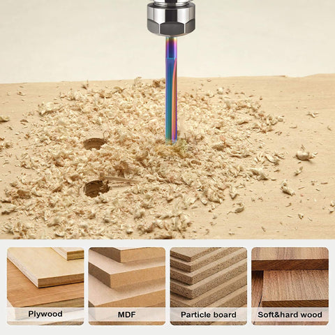 10 Pack CNC Straight Router Bits 1/8 Inch Shank 2 Flute Carbide Straight Milling Cutter With DLC Coating in action on wood
