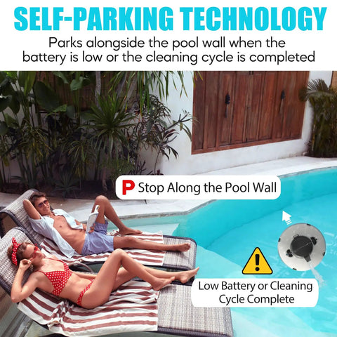 Cordless Robotic Pool Cleaner With 120 Minute Run Time Auto Vacuum For Above Ground And In Ground Flat Pools Up To 1000 Sq Ft Self Parking Tech For Easy Cleaning And Fresh Water in action by a poolside.
