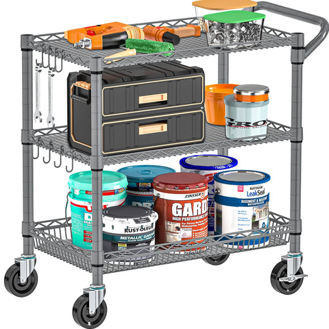 Heavy Duty 3 Tier Metal Utility Rolling Cart With Wheels For Kitchen Garage Office And Commercial Use, fully stocked with tools and paints