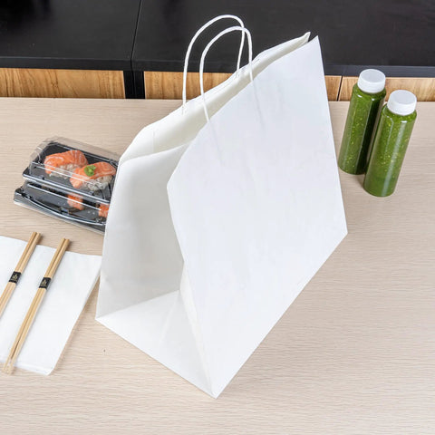 Sturdy White Paper Shopping Bags With Handles 14.2 By 8.3 By 13.2 Inches 100 Pack Durable Grocery Gift Bags next to takeout items