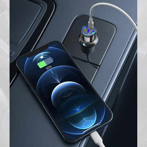 Upgraded Five Port Seventy Five Watt Car Charger Adapter With Ultra Fast Type C Plus Quick Charge Cigarette Lighter Plug For Phones Tablets Dashcams And Coolers Led Night Glow Works In Every Whip Dope Black Design charging smartphone on car dashboard