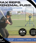 Player batting next to 22 Ft By 12 Ft By 8 Ft Baseball And Softball Batting Cage With Easy Setup Includes Pitching Machine Hole