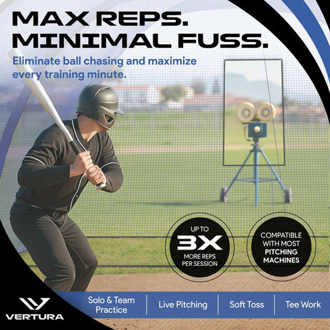 Player batting next to 22 Ft By 12 Ft By 8 Ft Baseball And Softball Batting Cage With Easy Setup Includes Pitching Machine Hole