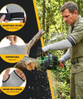Cut Resistant Arm Sleeves With Thumb Holes Adjustable 18 Inch Grey Protection For Men And Women Ideal For Yard Work Construction Farm Gardening Pruning And Other Sharp Tasks. A man using a chainsaw wearing grey arm sleeves in a forest.