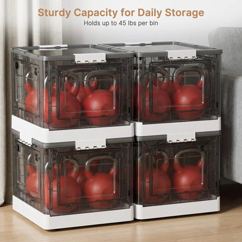 Hella Spacious Clear Stackable Storage Bins Three Pack With Lids And Rolling Wheels Collapsible Containers For Clothes Linens And Office Supplies No Fuss Ready Organization containing kettlebells.