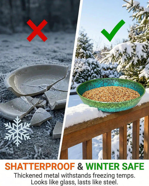 Built Tough As Heck Metal Bird Bath Replacement Bowl For Outside And Yards 12 Inch Shatterproof Frost Proof Basin against broken glass.