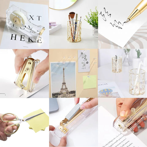 Collage of gold desk accessories set with acrylic stapler, staple remover, tape holder, pen holder, pens, scissors, clips for neat office organization.