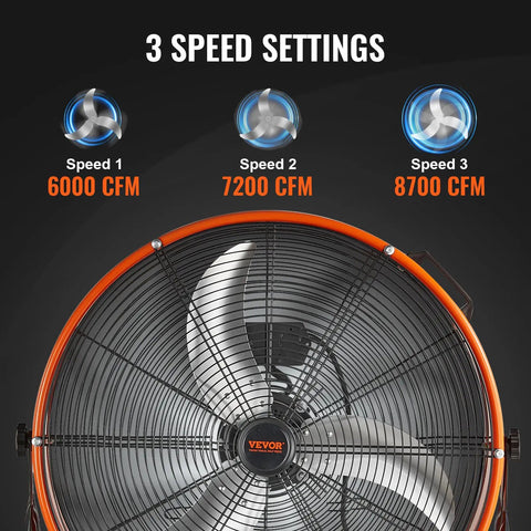 Drum Fan 24 Inch High Velocity Floor Fan 8700 CFM Heavy Duty Industrial Ventilation With 3 Speed Settings illustration