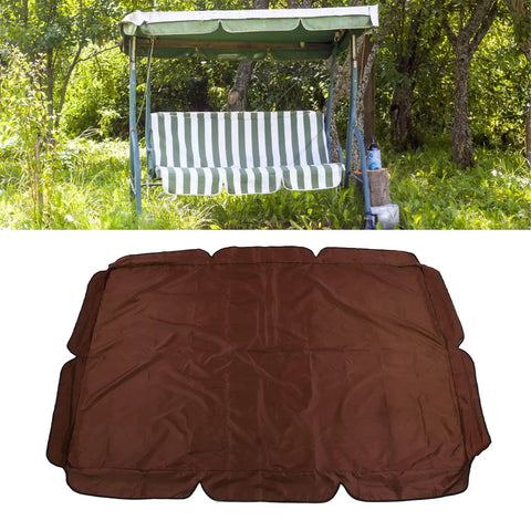 Weatherproof Porch Swing Canopy Cover 69x46.4 Inches, silver-coated roof, UV shield, outdoor setting with trees, brown cover detail