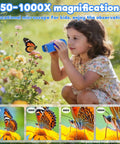 Kids Pocket Digital Microscope With 2.0 Inch IPS Screen 1080p Photo Video 50X To 1000X Magnification Eight LED Lights Portable STEM Toy For Ages 3, 6, And 12 Boys And Girls Blue, child using blue handheld microscope outdoors