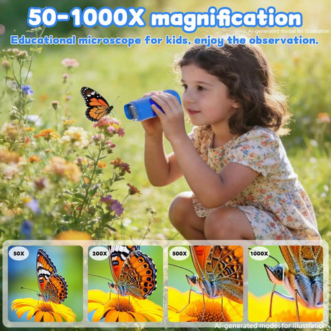 Kids Pocket Digital Microscope With 2.0 Inch IPS Screen 1080p Photo Video 50X To 1000X Magnification Eight LED Lights Portable STEM Toy For Ages 3, 6, And 12 Boys And Girls Blue, child using blue handheld microscope outdoors