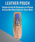 Leather pouch with TK 400 3 Piece Splicer Kit With Splicing Knife Electrician Scissors Chrome Vanadium Steel shown on blue background.
