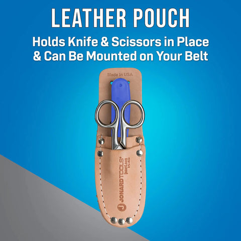 Leather pouch with TK 400 3 Piece Splicer Kit With Splicing Knife Electrician Scissors Chrome Vanadium Steel shown on blue background.