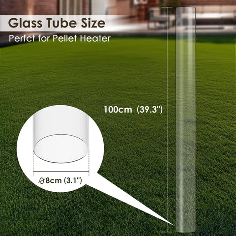 Wood Pellet Patio Heater Glass Tube Replacement 39.3 Inch Long High Borosilicate Tube size diagram on grass background