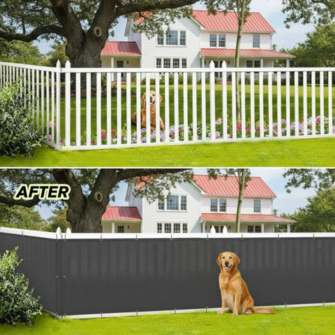 Before and after view of a fence with Three Piece Balcony Privacy Screen Set 3.28 x 10 Feet HDPE Fence Cover