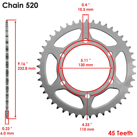 All In One Heavy Duty Drive Chain And Front And Rear Sprockets Kit For Kawasaki Ninja 250R 1988-2007, 45 Tooth Rear Sprocket