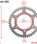 Drive Chain And Sprocket Kit For Kawasaki Ninja 250R EX250J 2008 2009 2010 2011 2012 45 tooth rear sprocket dimensions shown