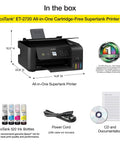 GameChanging Wireless Color All In One Supertank Printer Featuring Built In Scanner Copier And HassleFree Setup For Streamlined Daily Home Office Productivity with EcoTank 522 ink bottles, power cord, and documentation.