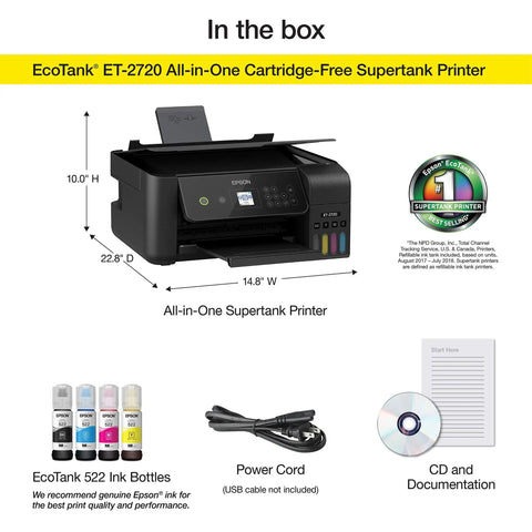 GameChanging Wireless Color All In One Supertank Printer Featuring Built In Scanner Copier And HassleFree Setup For Streamlined Daily Home Office Productivity with EcoTank 522 ink bottles, power cord, and documentation.