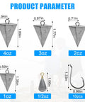 Dimensions of sinkers and hooks from Surf Fishing Tackle Kit With 12 Leader Rigs 4 Pyramid Sinkers 1 Bass Casting Sinker And 10 Circle Hooks